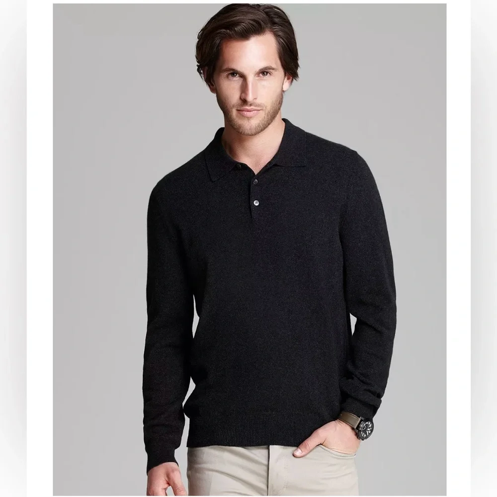 NWT Merino Wool Polo Long Sleeve Black Sweater Sz XL by Bloomingdale's
